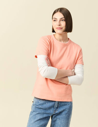 T-shirt cintr&eacute; col rond manches courtes rose corail femme