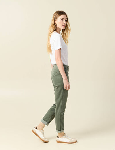 Pantalon chino velours côtelé vert kaki femme