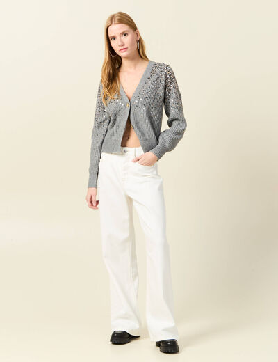 Gilet boutonné à sequins gris femme
