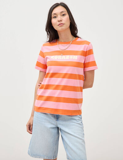 T-shirt ray&eacute; col rond manches courtes orange femme