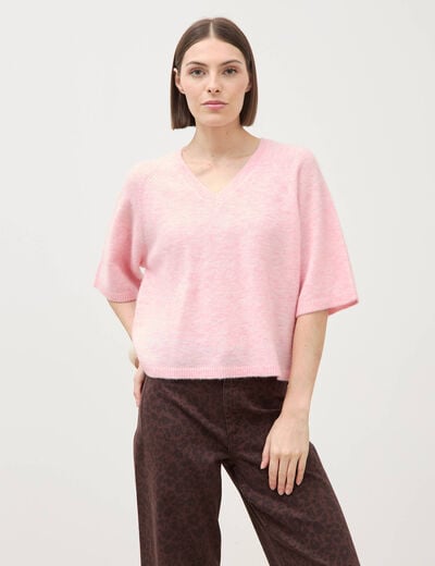 Pull droit col rond manches courtes rose clair femme