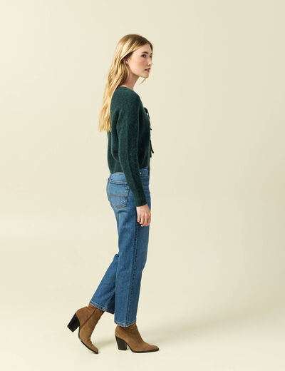 Gilet col V manches longues n&oelig;uds vert fonc&eacute; femme