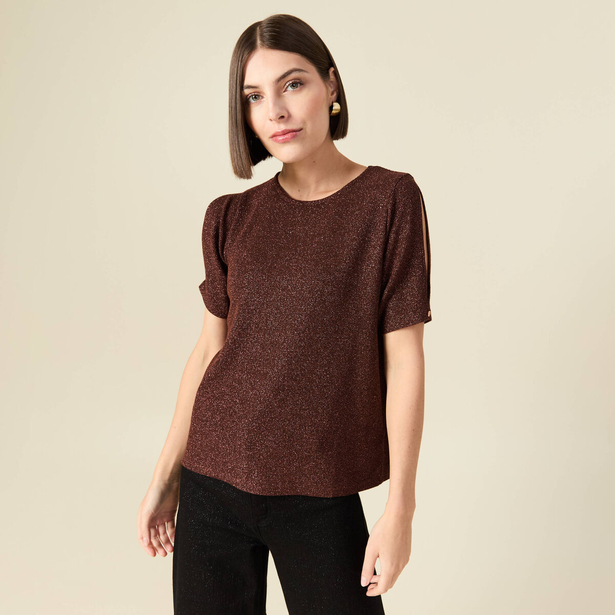 T-shirt Femme Faux Satin Brillant - Manches Courtes, Polyester, Taille Petit