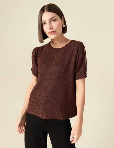 T-shirt manches courtes brillant marron femme