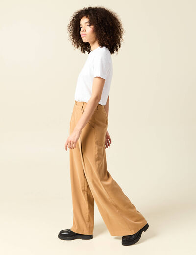 Pantalon large taille haute marron clair femme