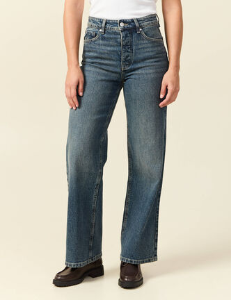 Jeans large taille haute bleu femme
