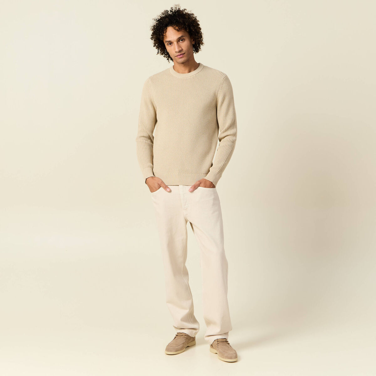 Pull manches longues col rond sable homme