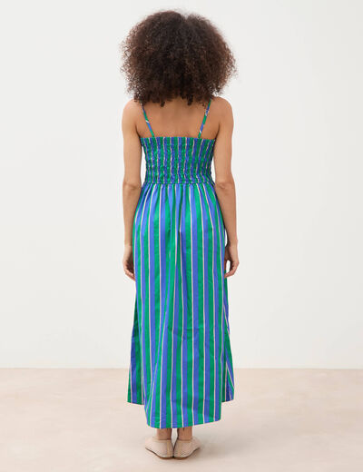 Robe bretelles col carr&eacute; en coton bleu femme