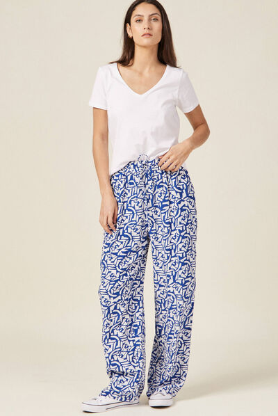 Pantalon large fluide bleu femme