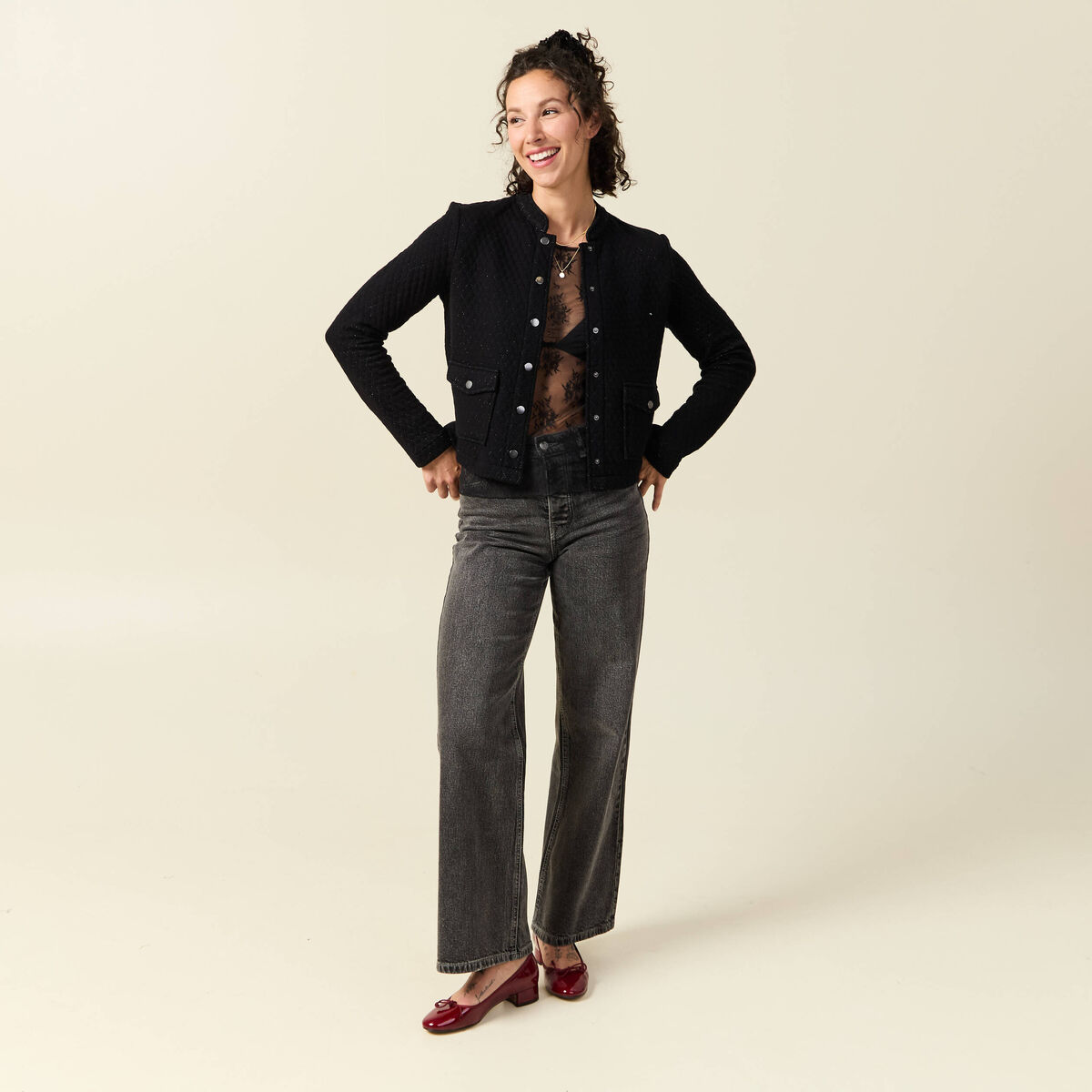 Veste droite courte col mao noir femme