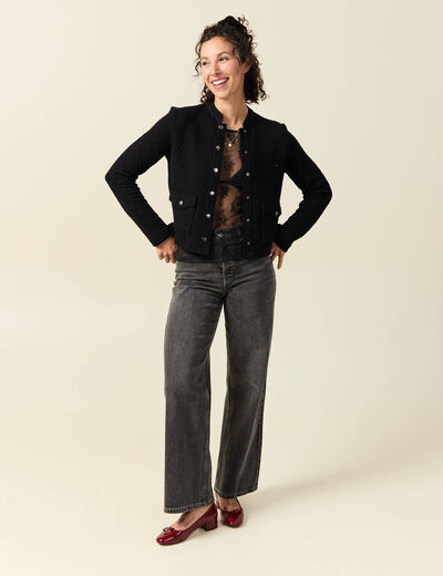 Veste droite courte col mao noir femme