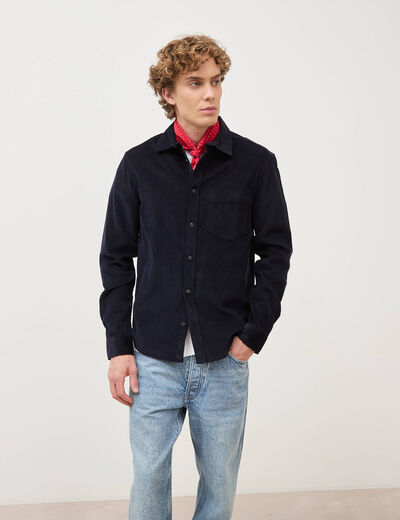 Chemise col classique en velours bleu marine homme