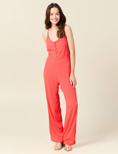 Combinaison pantalon bretelles rouge corail femme