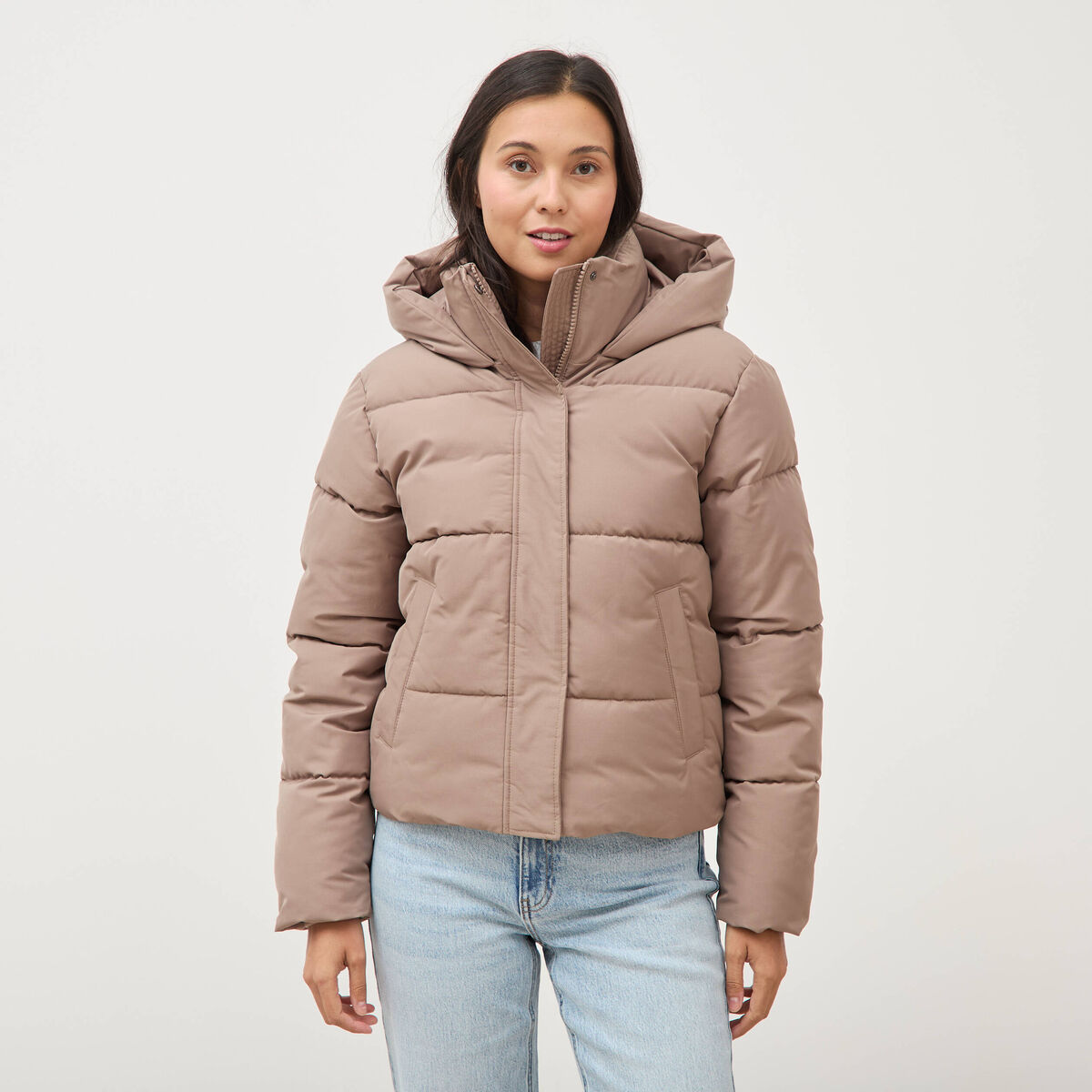 Doudoune &agrave; capuche taupe femme