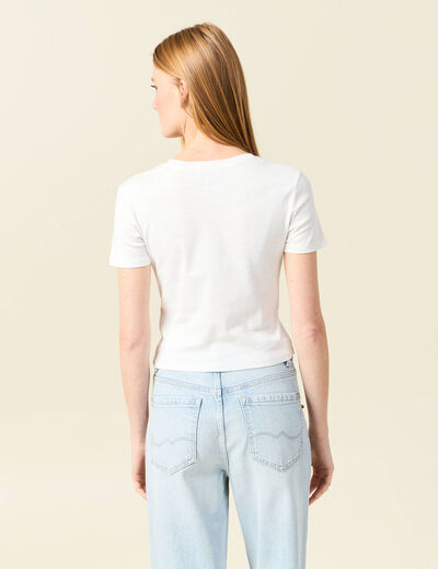 T-shirt ajust&eacute; cropped col rond ivoire femme