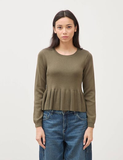 Pull col rond manches longues vert kaki femme