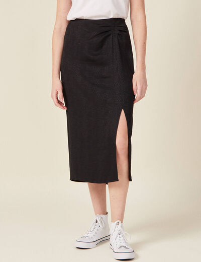 Jupe midi droite fendue satin noir femme