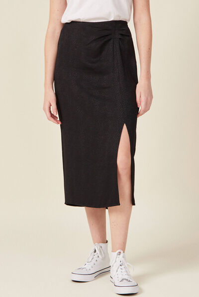 Jupe midi droite fendue satin noir femme