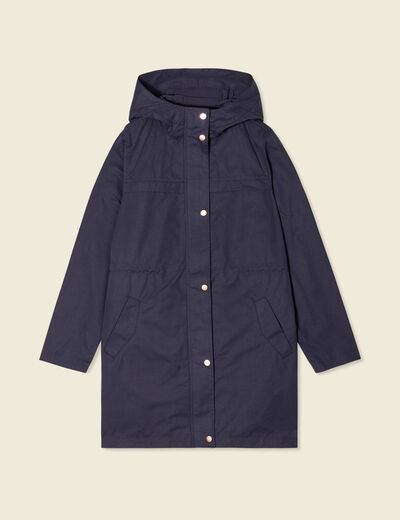 Parka longue à capuche bleu foncé femme