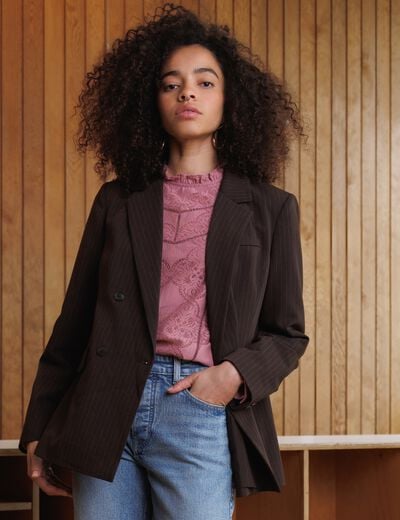 Blazer manches longues col tailleur marron fonc&eacute; femme