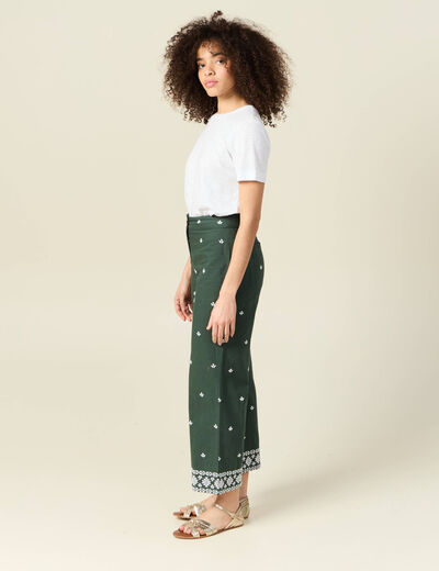Pantalon large brodé vert kaki femme