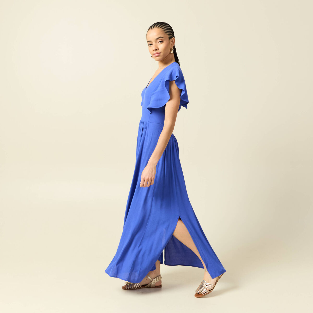 Robe fluide col v manches courtes bleu electrique femme