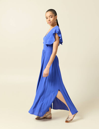 Robe fluide col v manches courtes bleu electrique femme