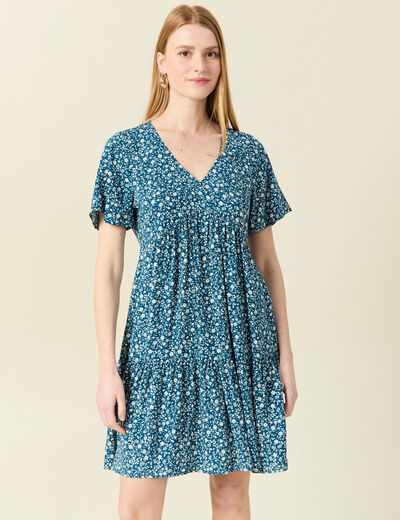 Robe évasée manches courtes bleu femme