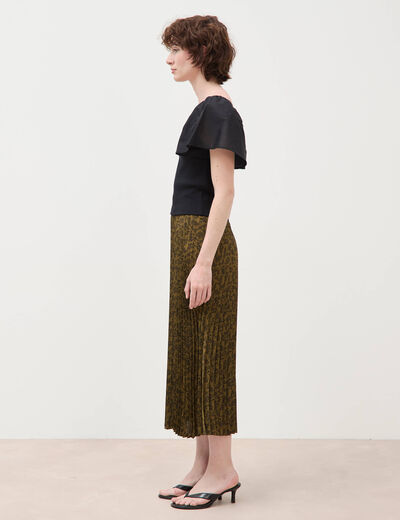 Jupe longue droite pliss&eacute;e vert kaki femme