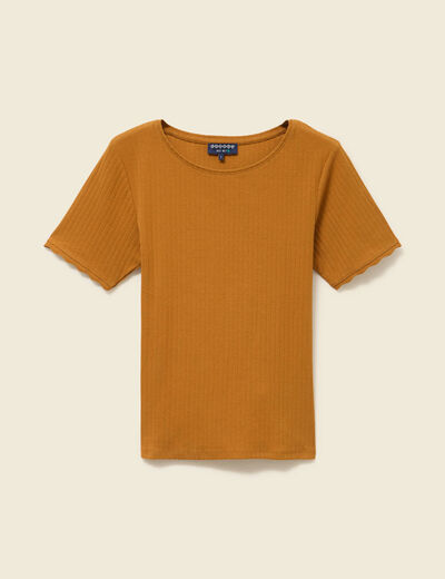 T-shirt manches courtes c&ocirc;tel&eacute; camel femme