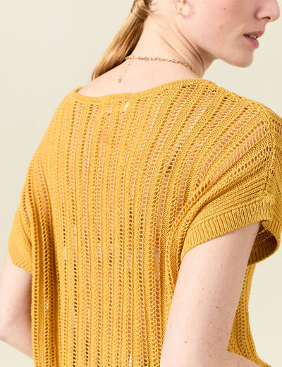 Pull oversize ajour&eacute; col bateau jaune femme