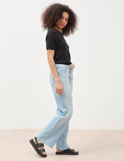 Jeans wide leg taille bascul&eacute;e bleu femme