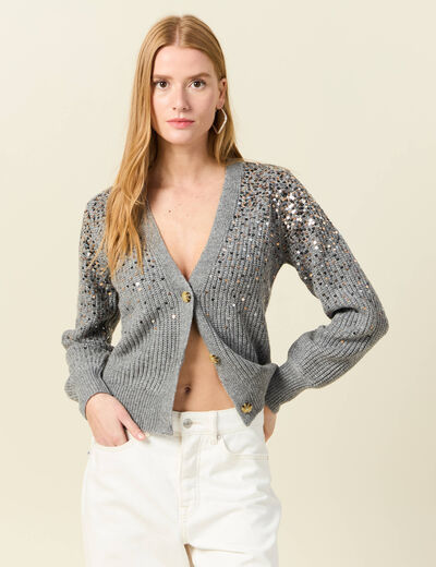 Gilet boutonné à sequins gris femme