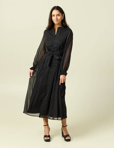 Robe longue &eacute;vas&eacute;e col v manches longues noir femme