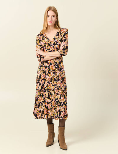 Robe midi évasée manches 3/4 noir femme