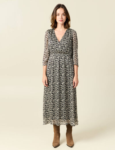 Robe longue évasée manches 3/4 noir femme