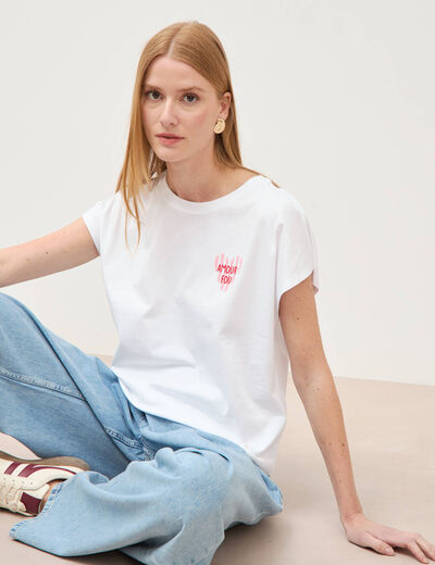 T-shirt droit col rond manches courtes blanc femme