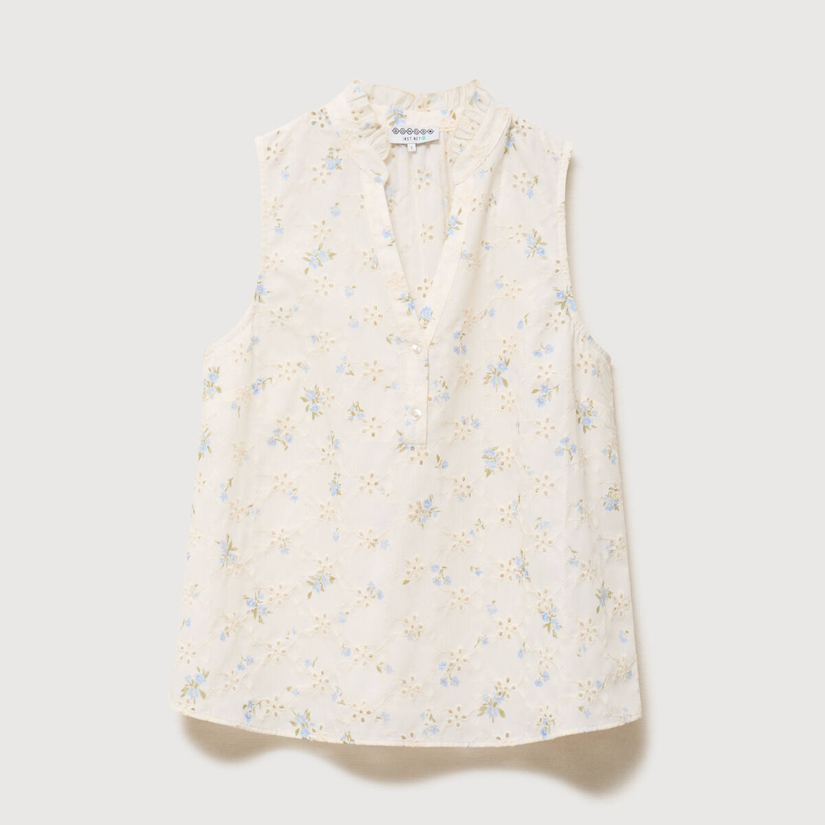 Blouse droite sans manches col montant bleu femme