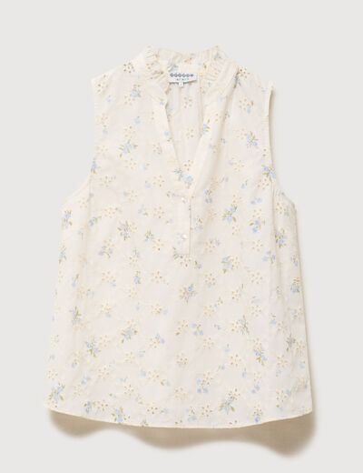 Blouse droite sans manches col montant bleu femme