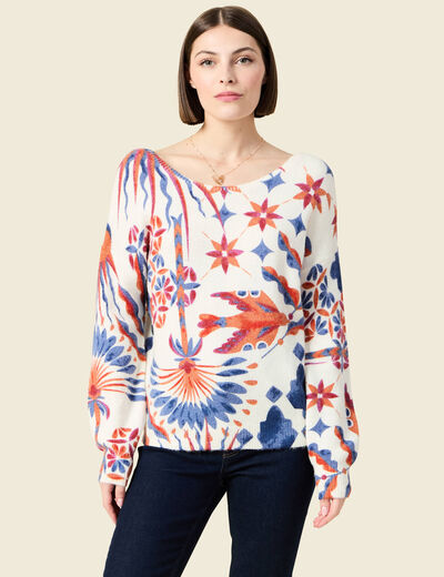 Pull col rond manches longues ecru femme