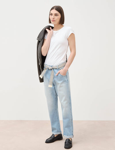 Jeans boyfriend ceintur&eacute; denim bleach femme