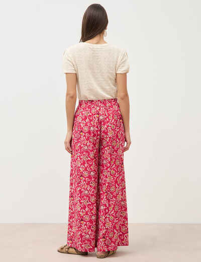 Pantalon large taille haute rouge cerise femme