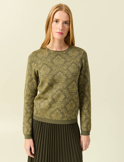Pull manches longues col rond vert kaki femme