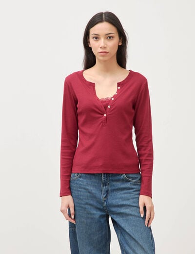 T-shirt cintr&eacute; manches longues rouge fonc&eacute; femme