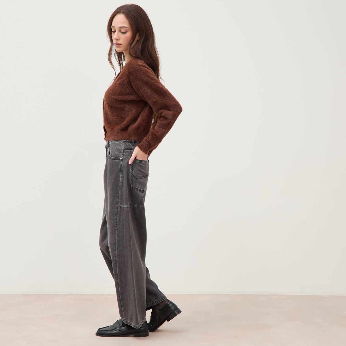 Gilet droit manches longues col rond marron femme