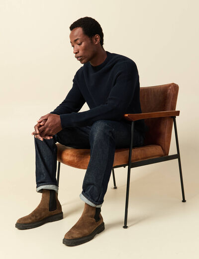 Pull col rond manches longues en coton bleu marine homme