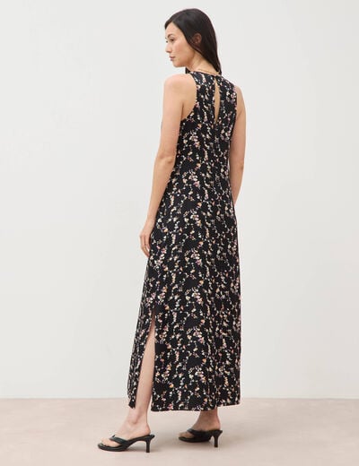 Robe longue droite sans manches col v noir femme