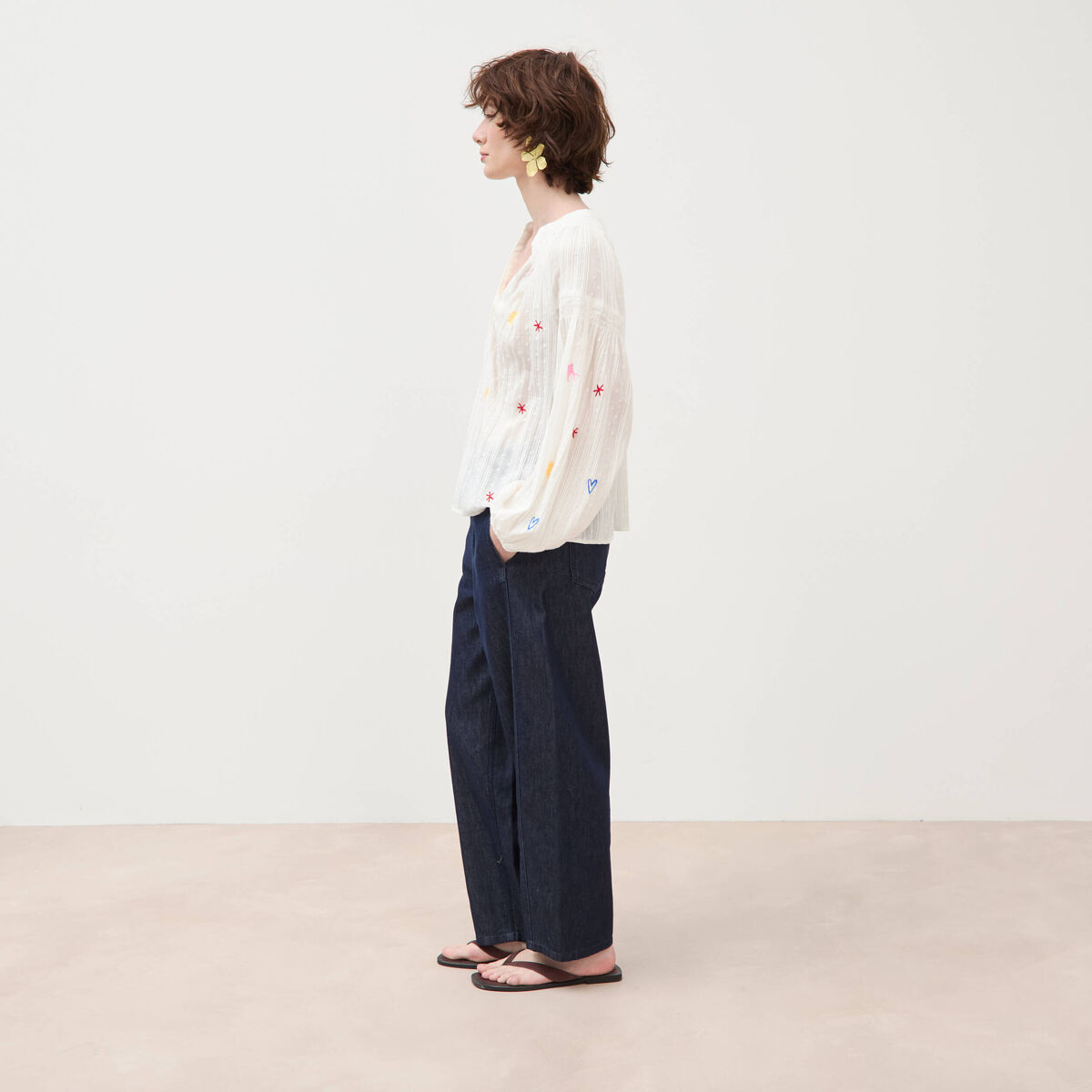 Blouse ample col mao manches longues ecru femme