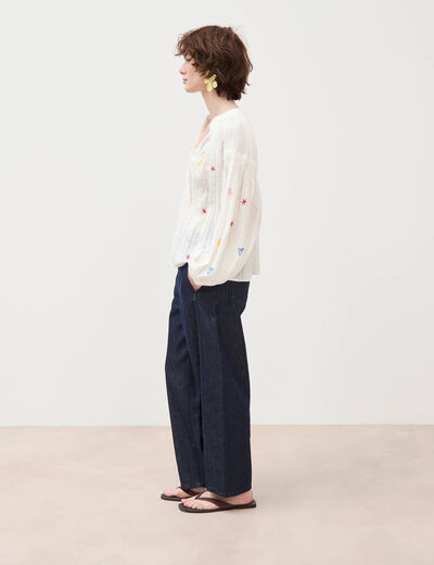 Blouse ample col mao manches longues ecru femme
