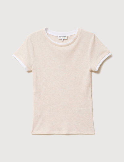 T-shirt cintr&eacute; col rond manches courtes beige femme